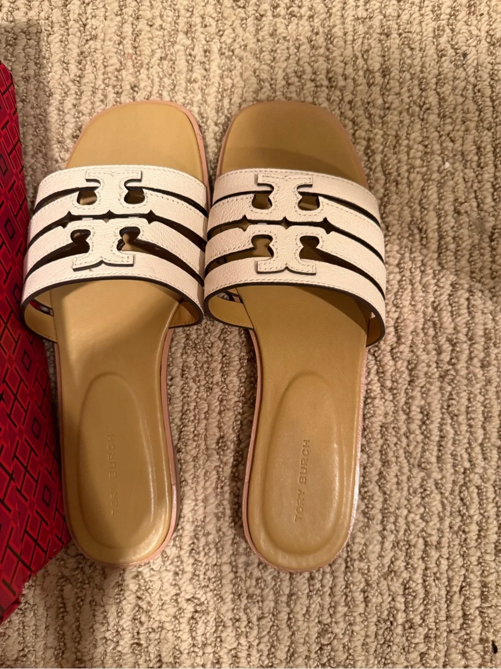 Tory Burch Ines Cage Slide Tumbled Leather Sandals 7.5 Light Cream/Ginger